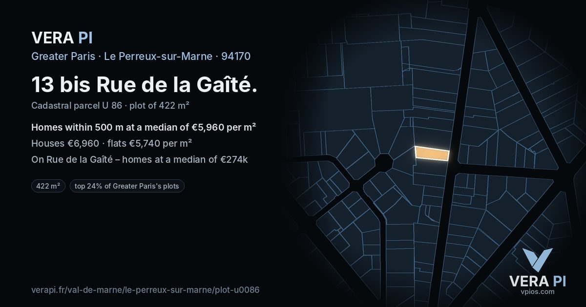 13 bis Rue de la Gaîté, Le Perreux-sur-Marne at night – the plot lit, the parcels around coloured by the prices near them