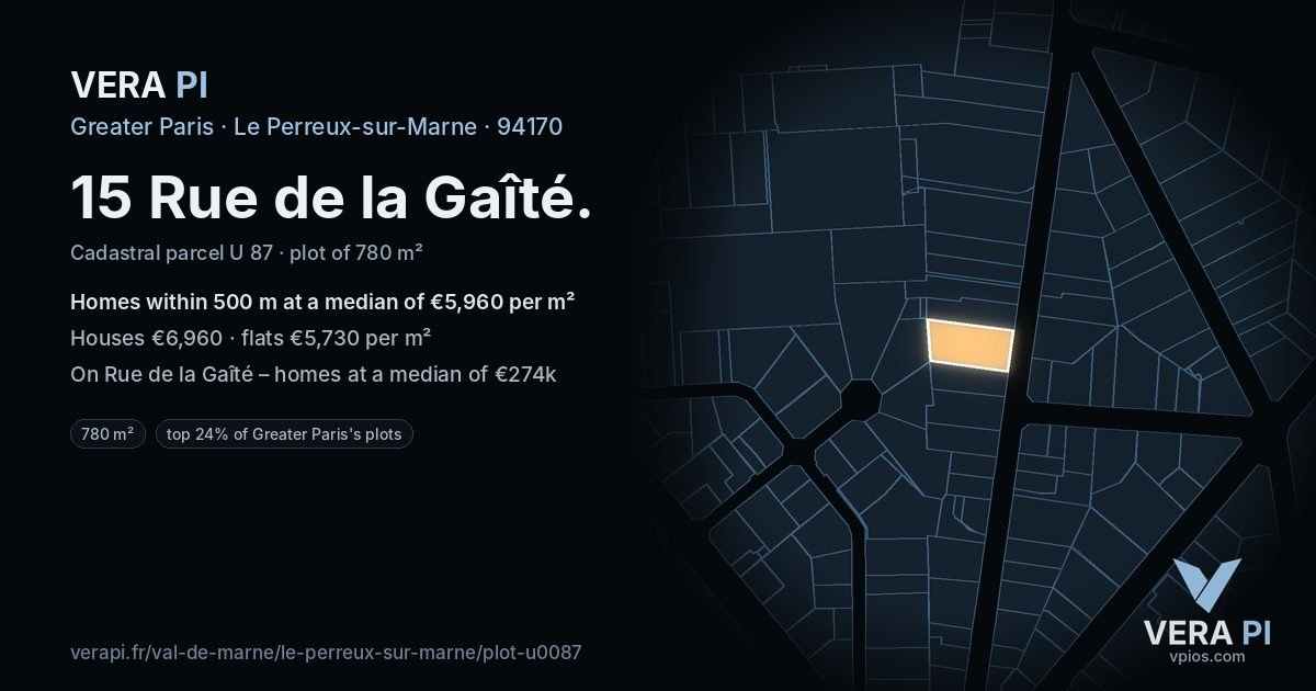 15 Rue de la Gaîté, Le Perreux-sur-Marne at night – the plot lit, the parcels around coloured by the prices near them