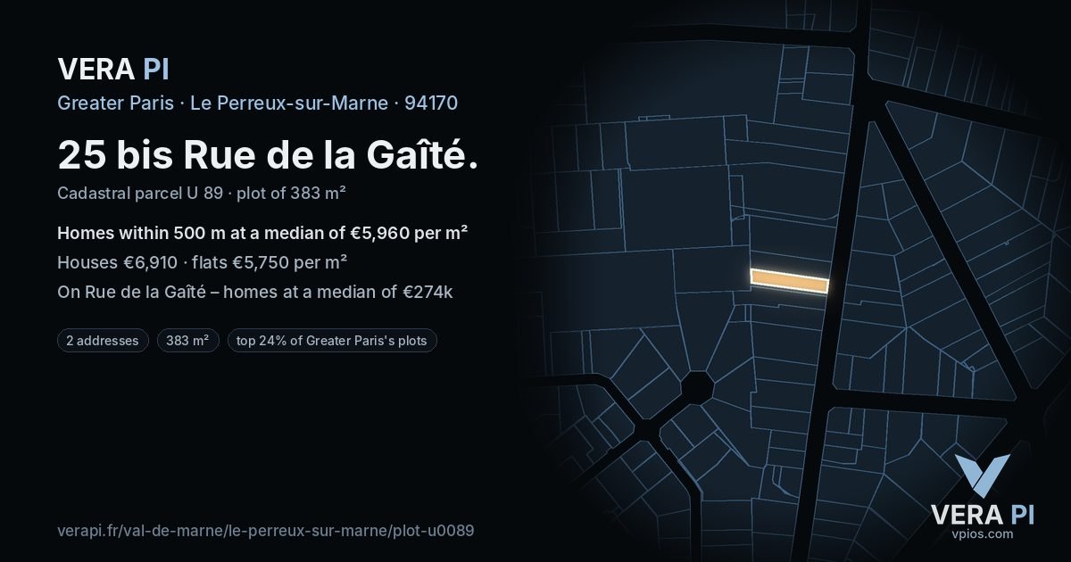 25 bis Rue de la Gaîté, Le Perreux-sur-Marne at night – the plot lit, the parcels around coloured by the prices near them