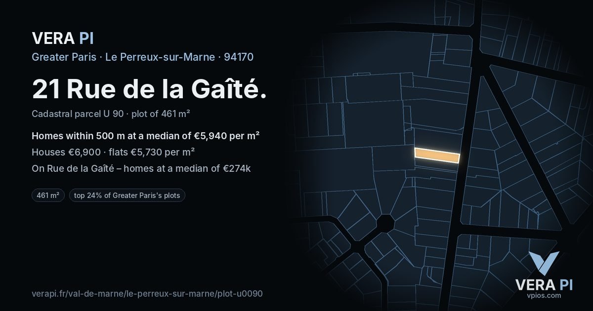 21 Rue de la Gaîté, Le Perreux-sur-Marne at night – the plot lit, the parcels around coloured by the prices near them