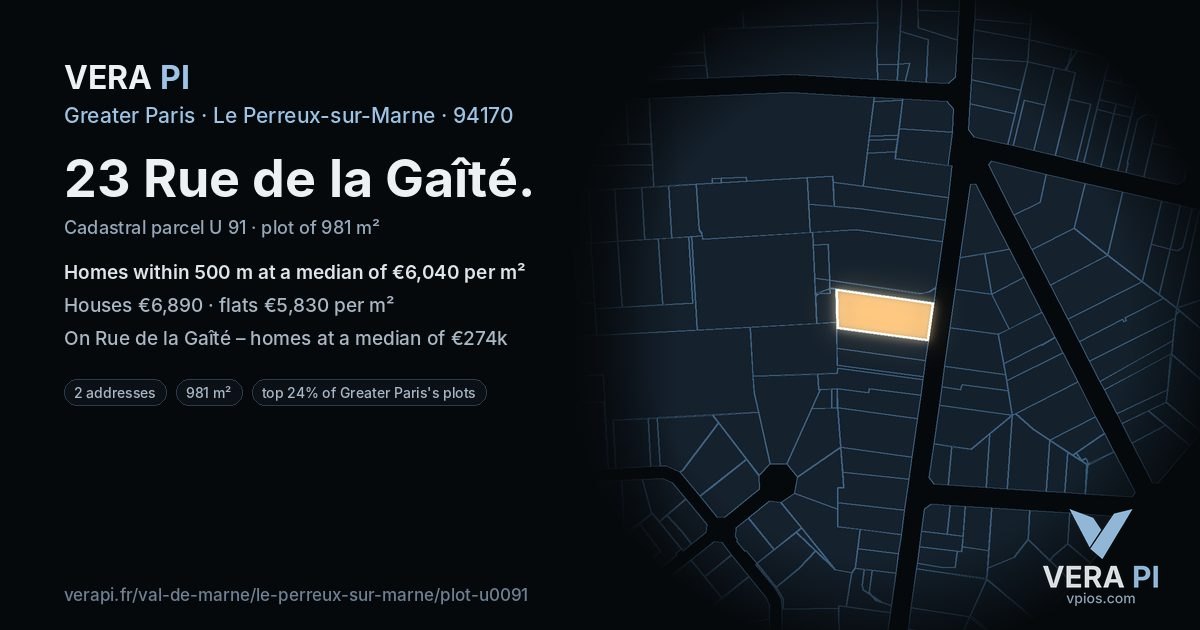 23 Rue de la Gaîté, Le Perreux-sur-Marne at night – the plot lit, the parcels around coloured by the prices near them