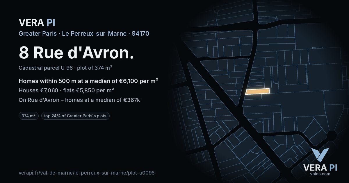 8 Rue d'Avron, Le Perreux-sur-Marne at night – the plot lit, the parcels around coloured by the prices near them