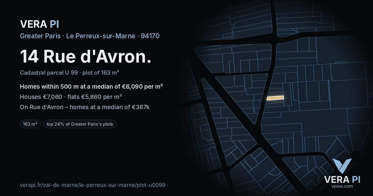 14 Rue d'Avron, Le Perreux-sur-Marne at night – the plot lit, the parcels around coloured by the prices near them