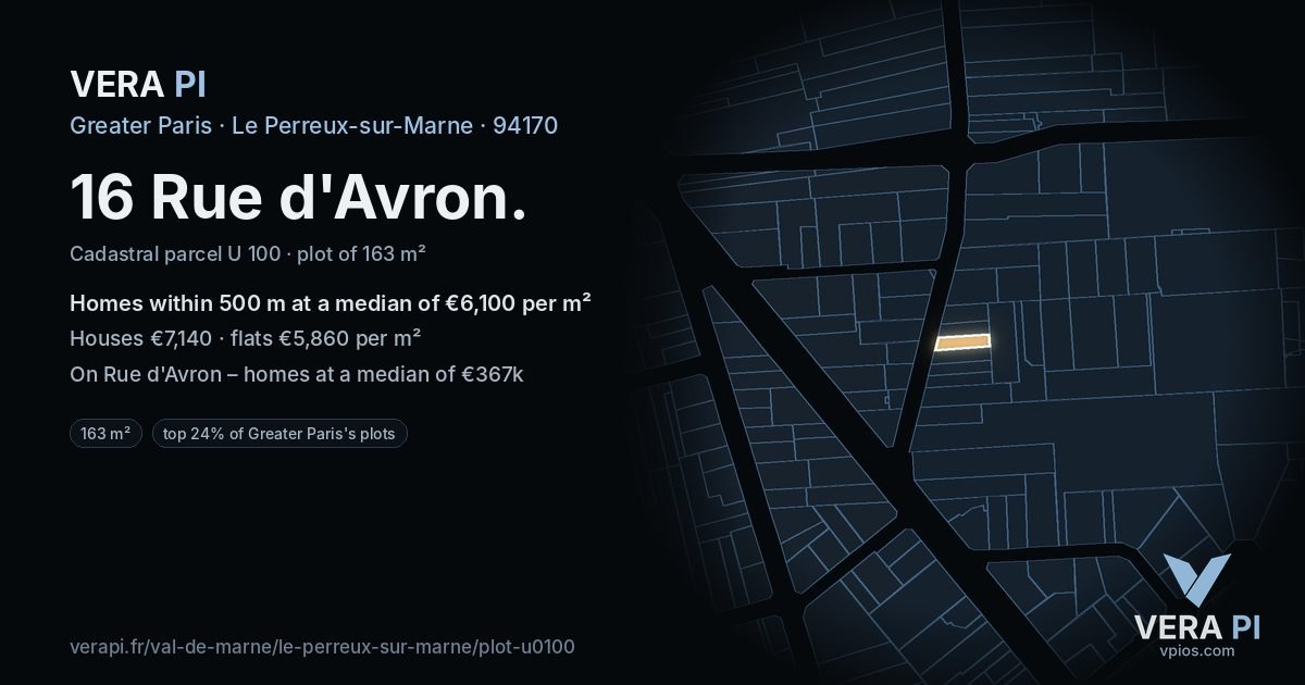 16 Rue d'Avron, Le Perreux-sur-Marne at night – the plot lit, the parcels around coloured by the prices near them