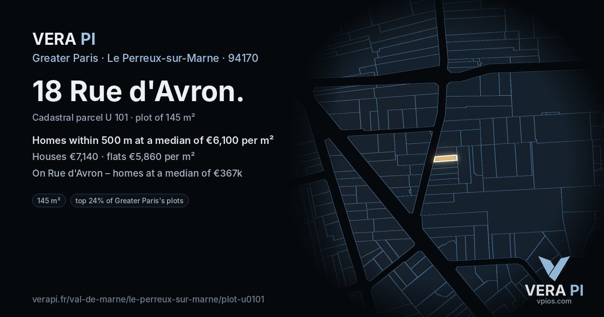 18 Rue d'Avron, Le Perreux-sur-Marne at night – the plot lit, the parcels around coloured by the prices near them