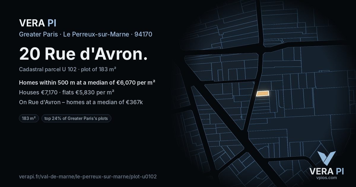 20 Rue d'Avron, Le Perreux-sur-Marne at night – the plot lit, the parcels around coloured by the prices near them