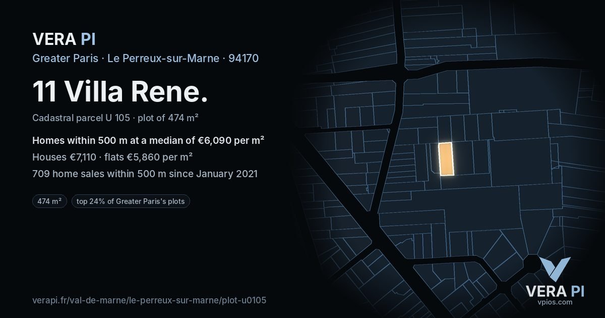 11 Villa Rene, Le Perreux-sur-Marne at night – the plot lit, the parcels around coloured by the prices near them