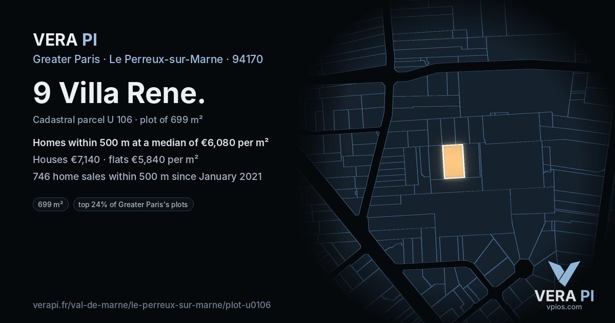 9 Villa Rene, Le Perreux-sur-Marne at night – the plot lit, the parcels around coloured by the prices near them