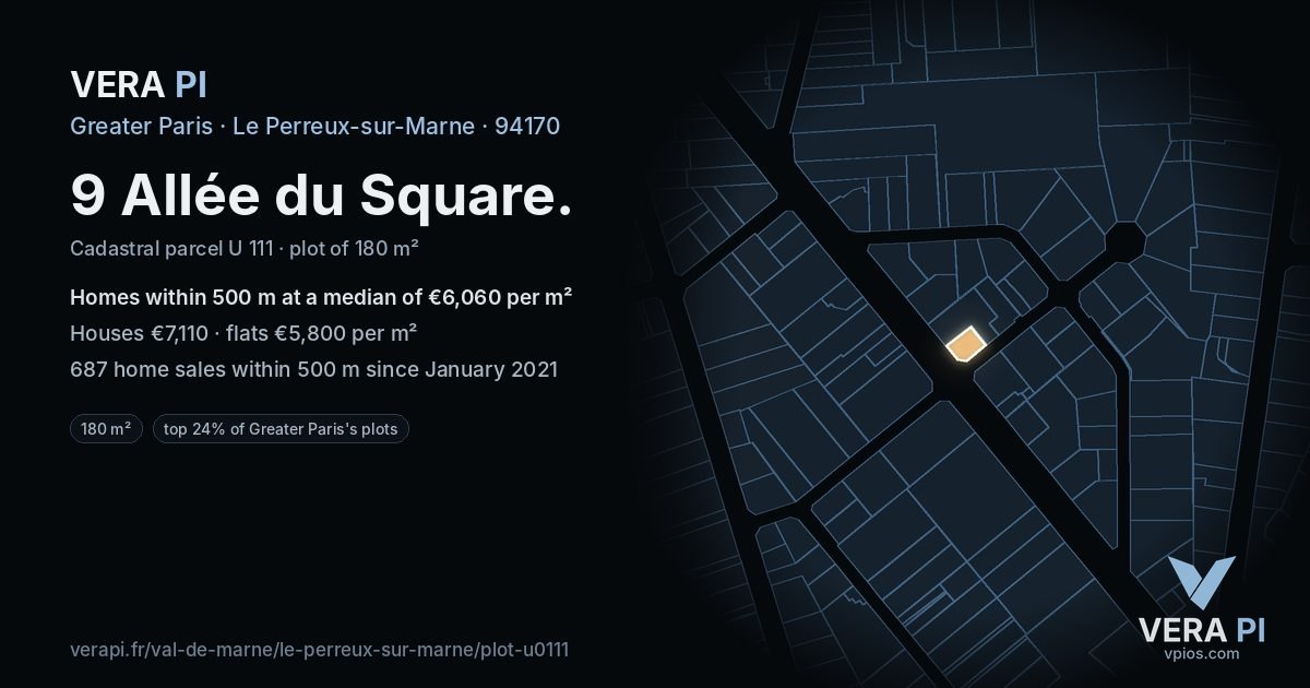 9 Allée du Square, Le Perreux-sur-Marne at night – the plot lit, the parcels around coloured by the prices near them