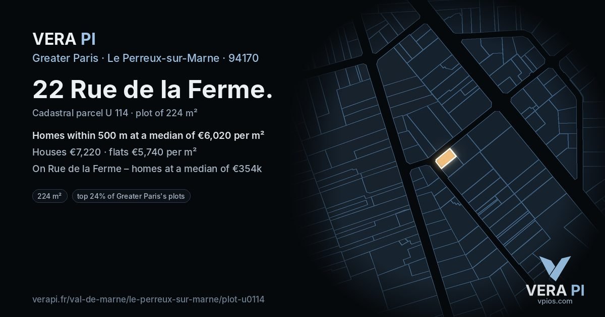 22 Rue de la Ferme, Le Perreux-sur-Marne at night – the plot lit, the parcels around coloured by the prices near them