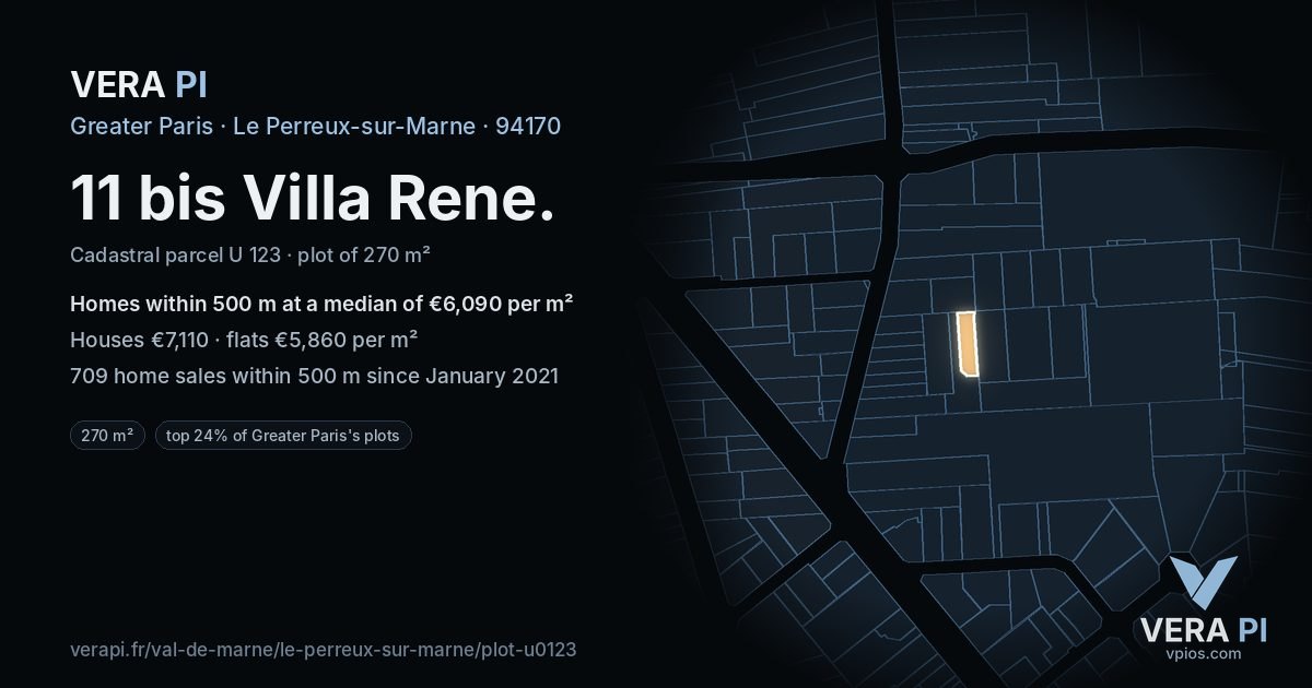 11 bis Villa Rene, Le Perreux-sur-Marne at night – the plot lit, the parcels around coloured by the prices near them