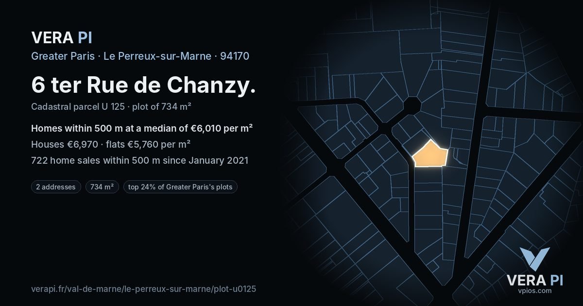 6 ter Rue de Chanzy, Le Perreux-sur-Marne at night – the plot lit, the parcels around coloured by the prices near them