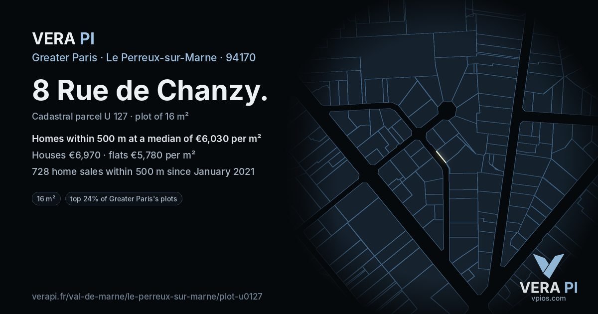 8 Rue de Chanzy, Le Perreux-sur-Marne at night – the plot lit, the parcels around coloured by the prices near them