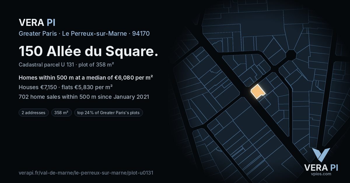150 Allée du Square, Le Perreux-sur-Marne at night – the plot lit, the parcels around coloured by the prices near them