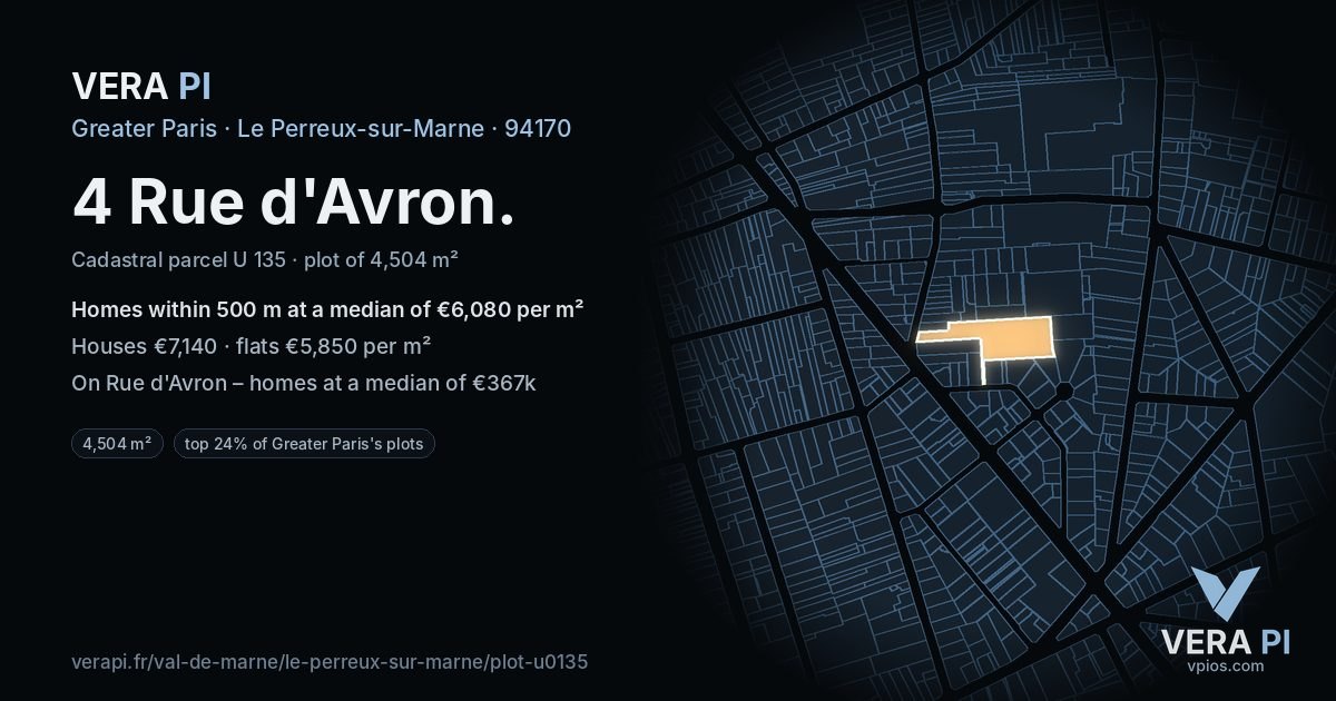 4 Rue d'Avron, Le Perreux-sur-Marne at night – the plot lit, the parcels around coloured by the prices near them