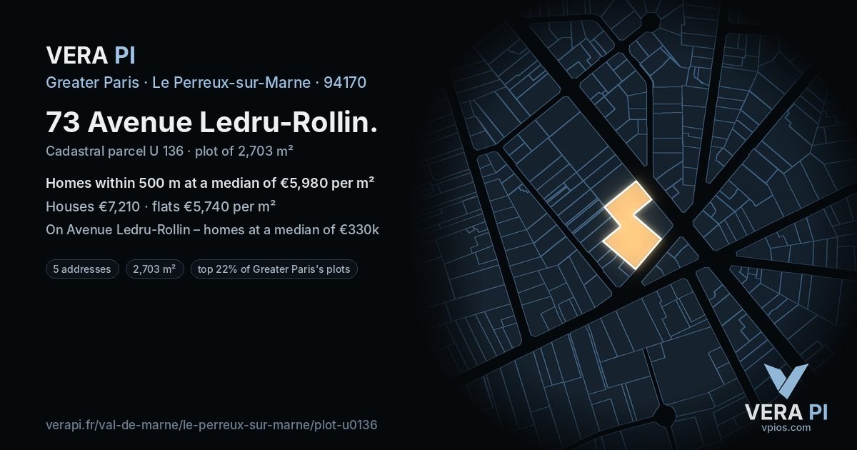 73 Avenue Ledru-Rollin, Le Perreux-sur-Marne at night – the plot lit, the parcels around coloured by the prices near them