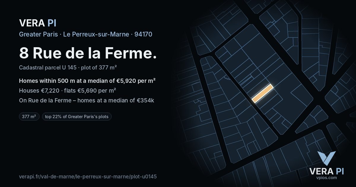 8 Rue de la Ferme, Le Perreux-sur-Marne at night – the plot lit, the parcels around coloured by the prices near them