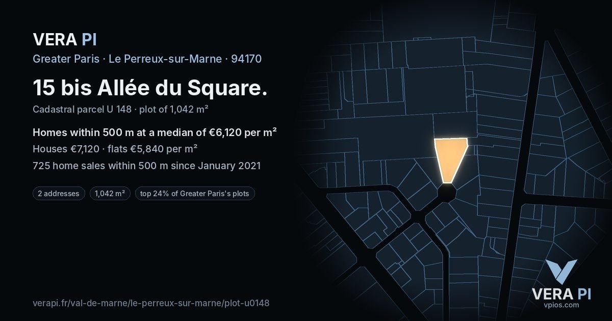 15 bis Allée du Square, Le Perreux-sur-Marne at night – the plot lit, the parcels around coloured by the prices near them