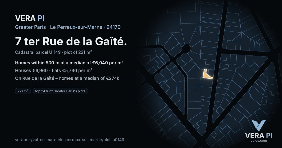 7 ter Rue de la Gaîté, Le Perreux-sur-Marne at night – the plot lit, the parcels around coloured by the prices near them