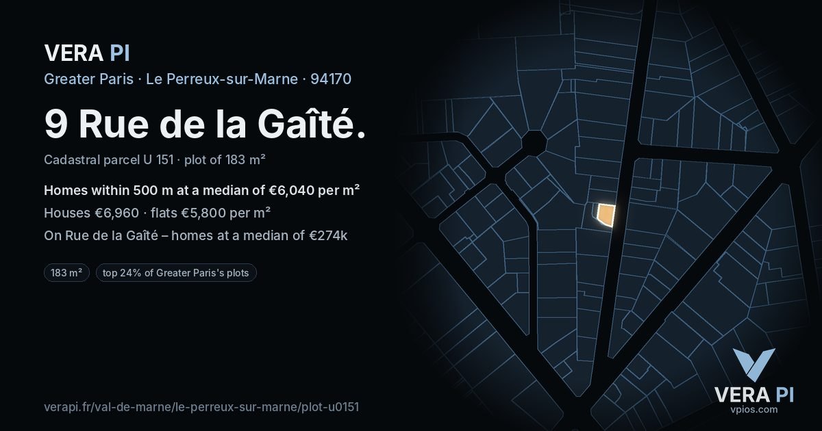 9 Rue de la Gaîté, Le Perreux-sur-Marne at night – the plot lit, the parcels around coloured by the prices near them
