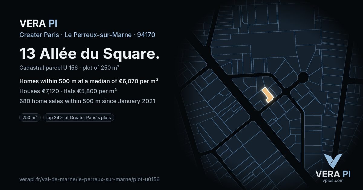 13 Allée du Square, Le Perreux-sur-Marne at night – the plot lit, the parcels around coloured by the prices near them