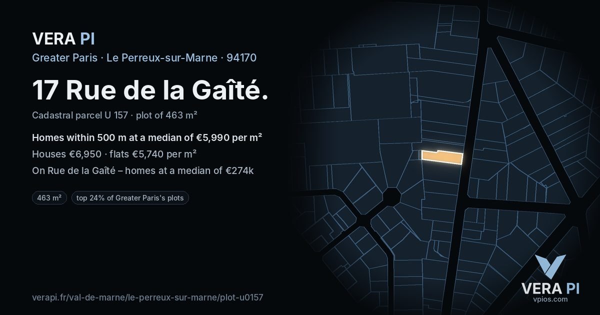 17 Rue de la Gaîté, Le Perreux-sur-Marne at night – the plot lit, the parcels around coloured by the prices near them