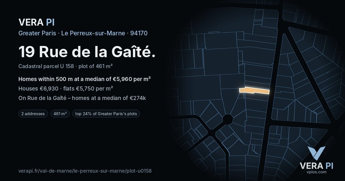 19 Rue de la Gaîté, Le Perreux-sur-Marne at night – the plot lit, the parcels around coloured by the prices near them