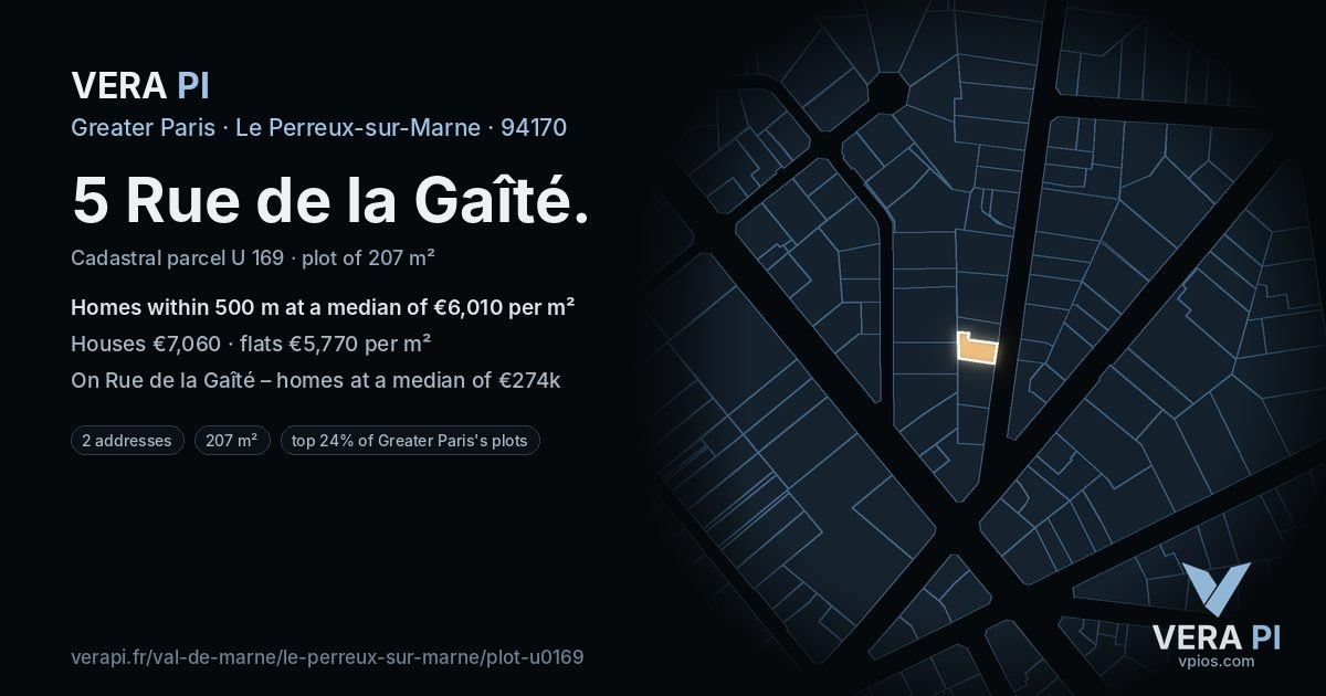 5 Rue de la Gaîté, Le Perreux-sur-Marne at night – the plot lit, the parcels around coloured by the prices near them