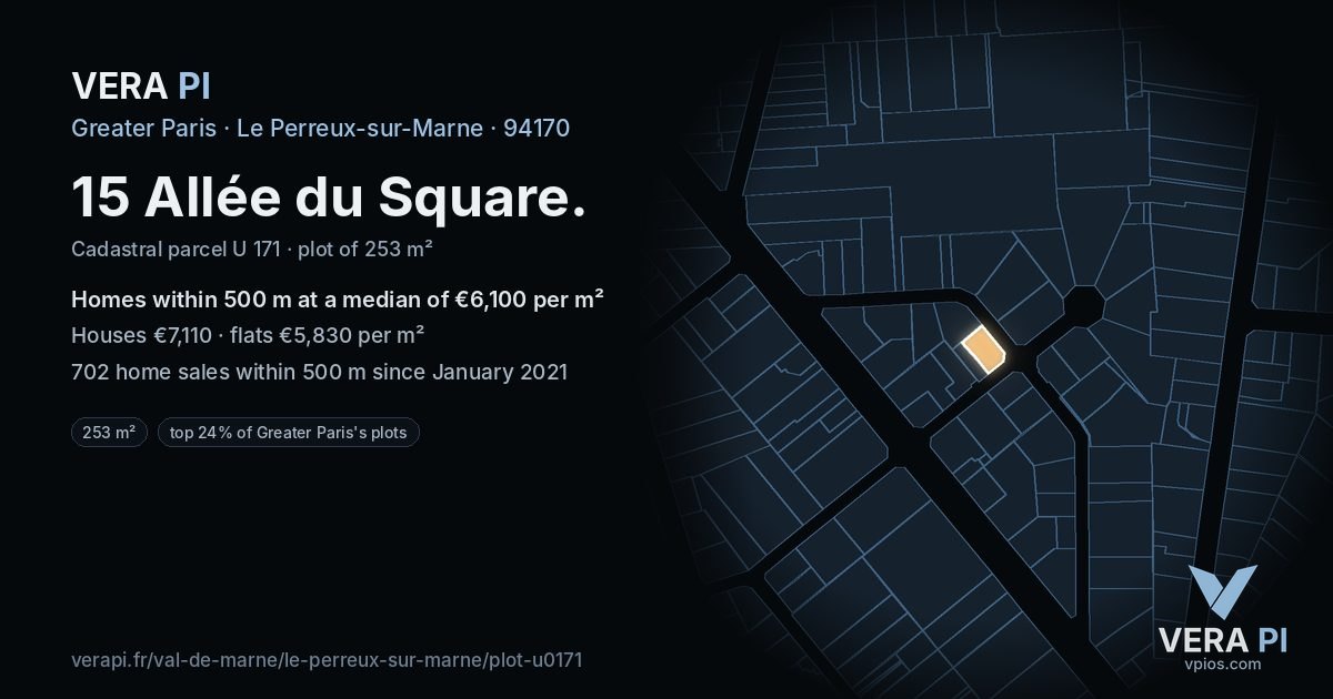 15 Allée du Square, Le Perreux-sur-Marne at night – the plot lit, the parcels around coloured by the prices near them