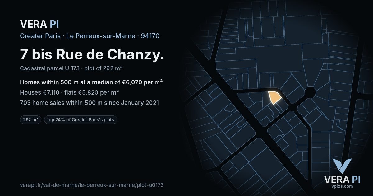7 bis Rue de Chanzy, Le Perreux-sur-Marne at night – the plot lit, the parcels around coloured by the prices near them