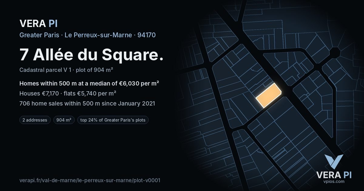 7 Allée du Square, Le Perreux-sur-Marne at night – the plot lit, the parcels around coloured by the prices near them