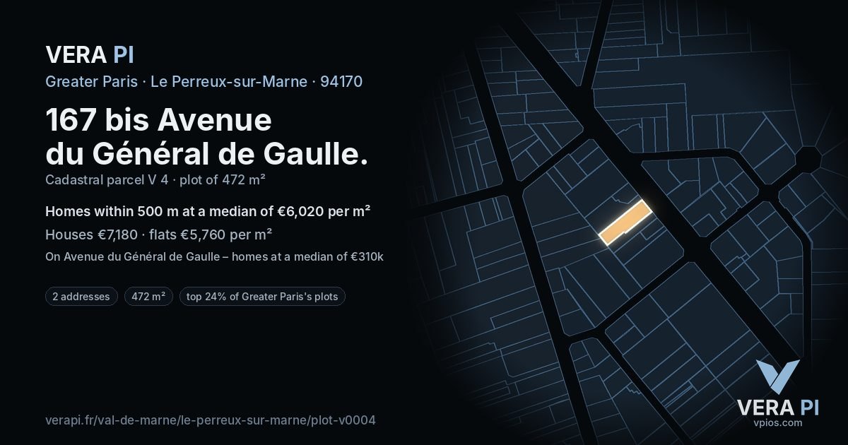 167 bis Avenue du Général de Gaulle, Le Perreux-sur-Marne at night – the plot lit, the parcels around coloured by the prices near them