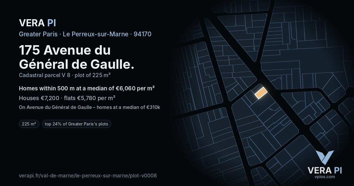 175 Avenue du Général de Gaulle, Le Perreux-sur-Marne at night – the plot lit, the parcels around coloured by the prices near them