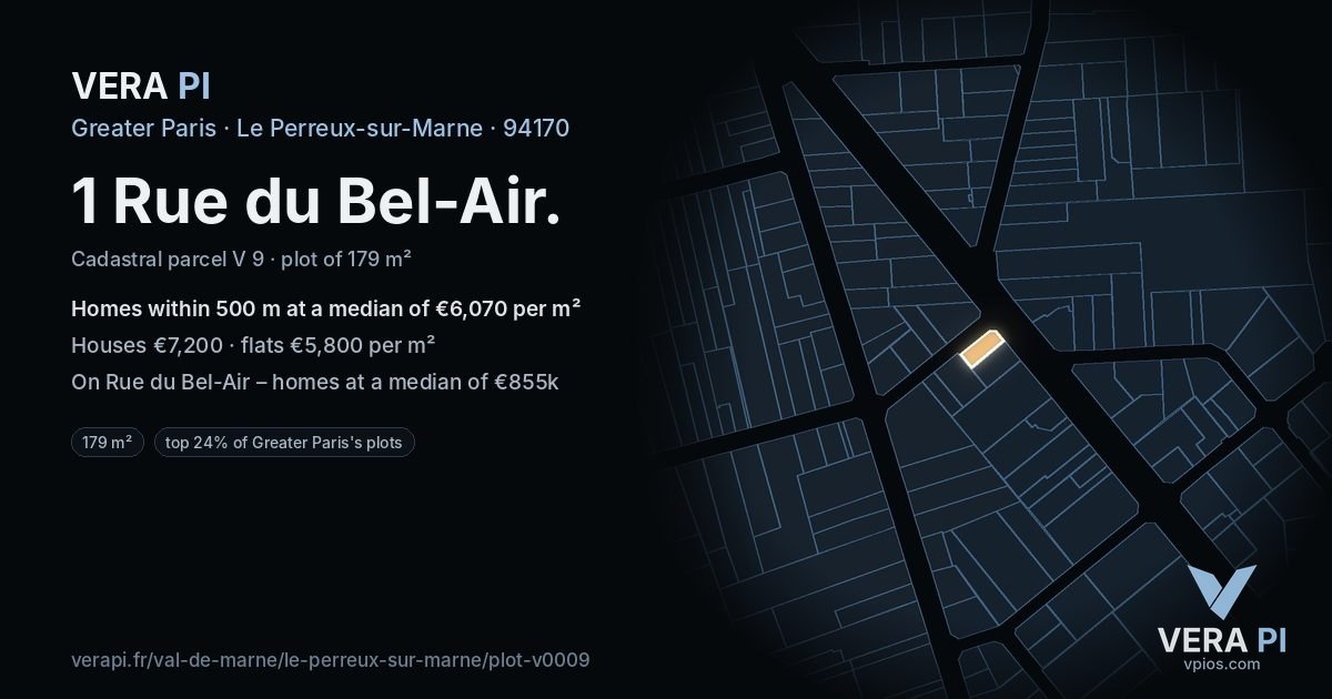 1 Rue du Bel-Air, Le Perreux-sur-Marne at night – the plot lit, the parcels around coloured by the prices near them