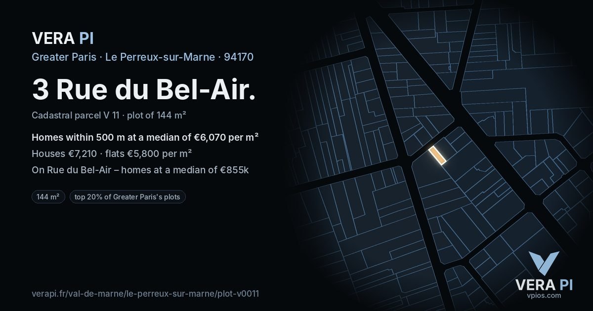 3 Rue du Bel-Air, Le Perreux-sur-Marne at night – the plot lit, the parcels around coloured by the prices near them