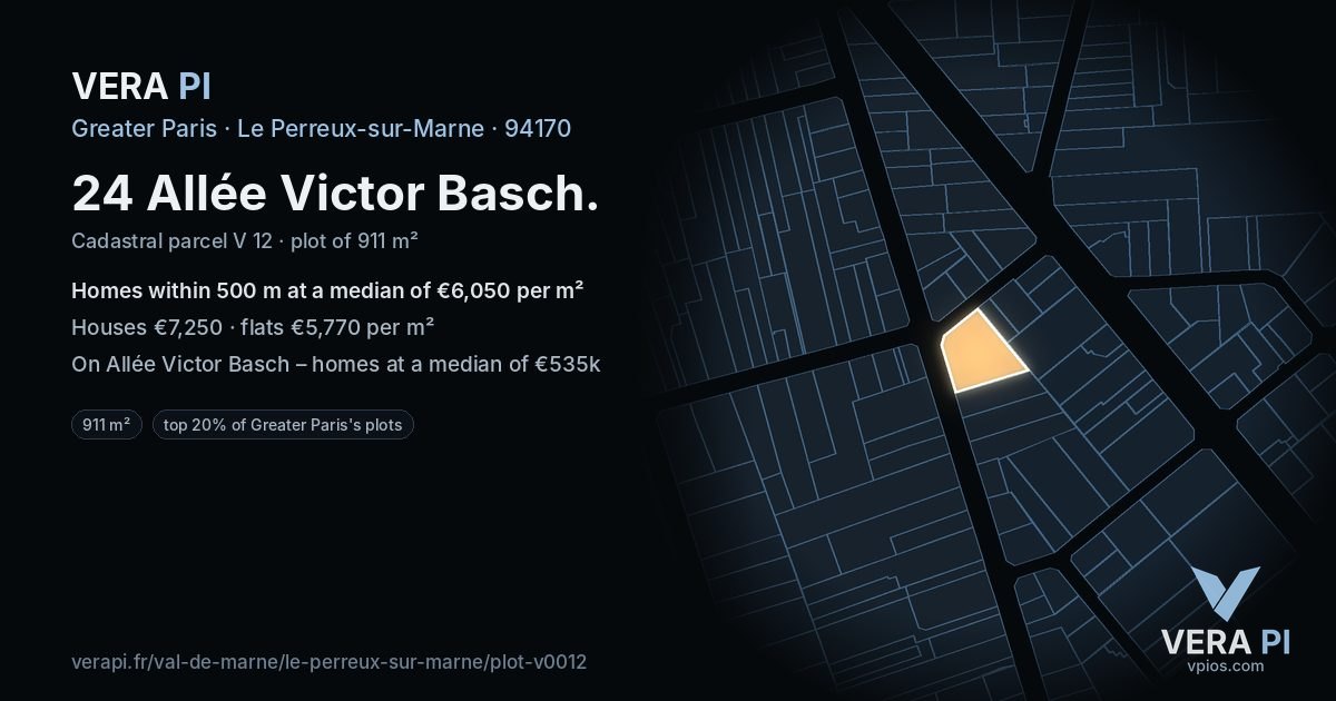 24 Allée Victor Basch, Le Perreux-sur-Marne at night – the plot lit, the parcels around coloured by the prices near them