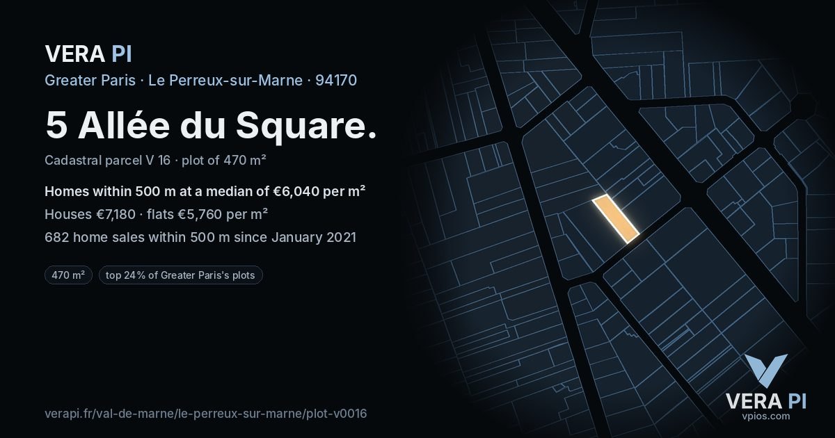 5 Allée du Square, Le Perreux-sur-Marne at night – the plot lit, the parcels around coloured by the prices near them