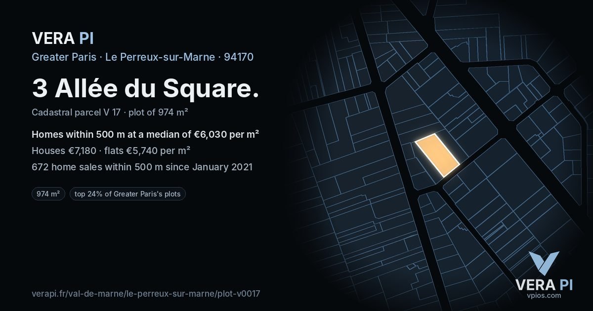 3 Allée du Square, Le Perreux-sur-Marne at night – the plot lit, the parcels around coloured by the prices near them