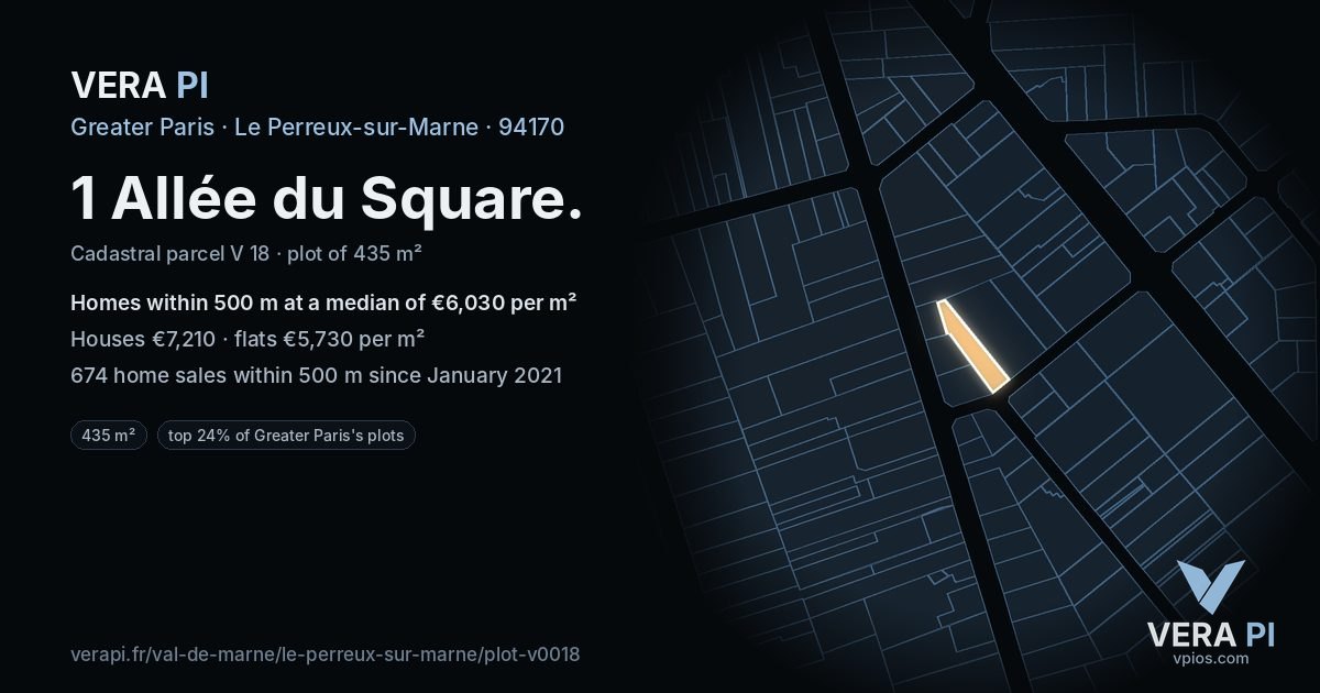 1 Allée du Square, Le Perreux-sur-Marne at night – the plot lit, the parcels around coloured by the prices near them