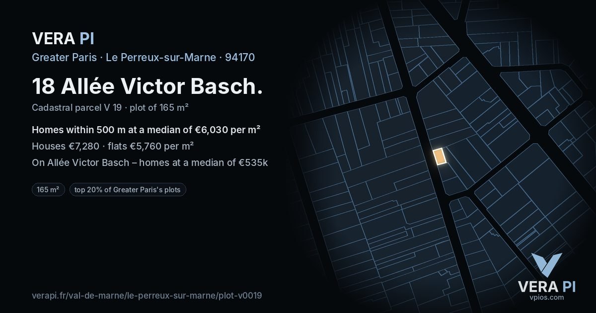 18 Allée Victor Basch, Le Perreux-sur-Marne at night – the plot lit, the parcels around coloured by the prices near them