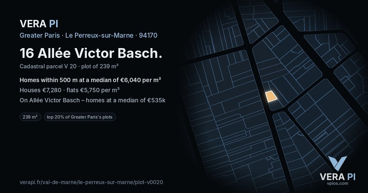 16 Allée Victor Basch, Le Perreux-sur-Marne at night – the plot lit, the parcels around coloured by the prices near them