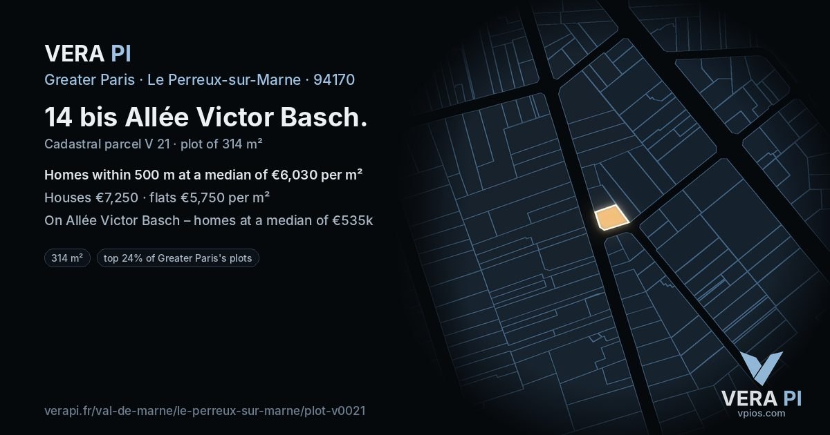 14 bis Allée Victor Basch, Le Perreux-sur-Marne at night – the plot lit, the parcels around coloured by the prices near them