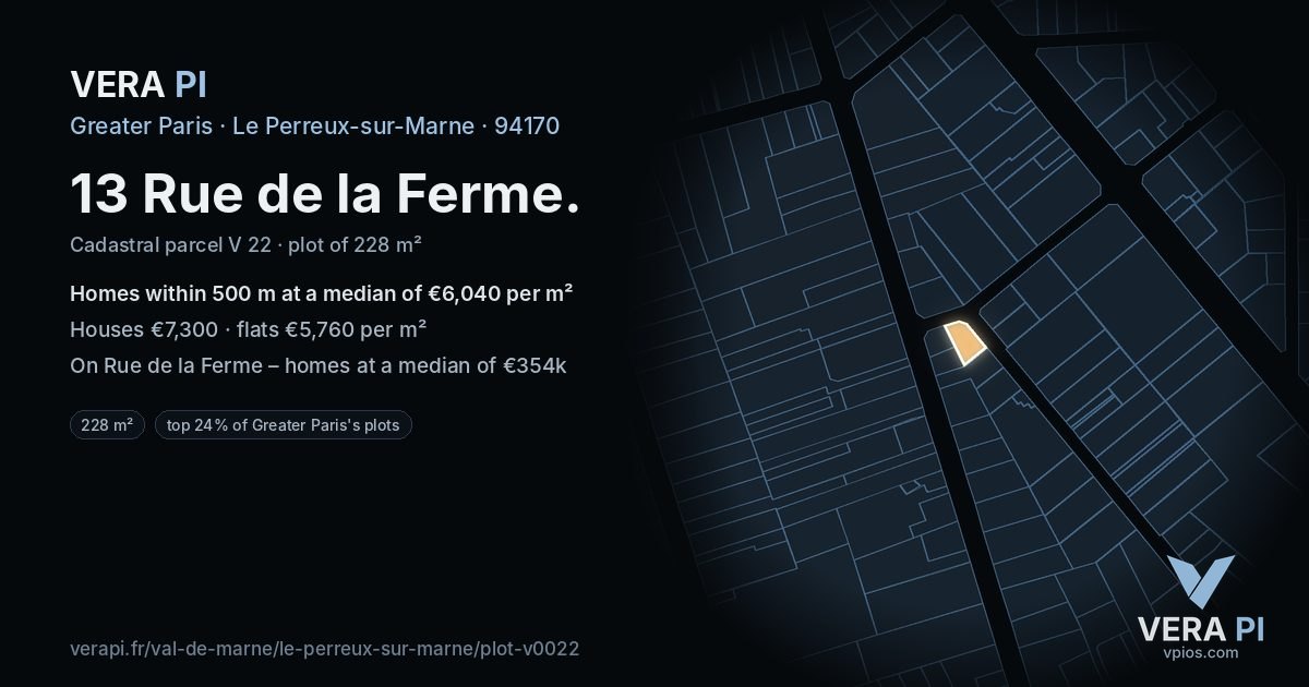 13 Rue de la Ferme, Le Perreux-sur-Marne at night – the plot lit, the parcels around coloured by the prices near them