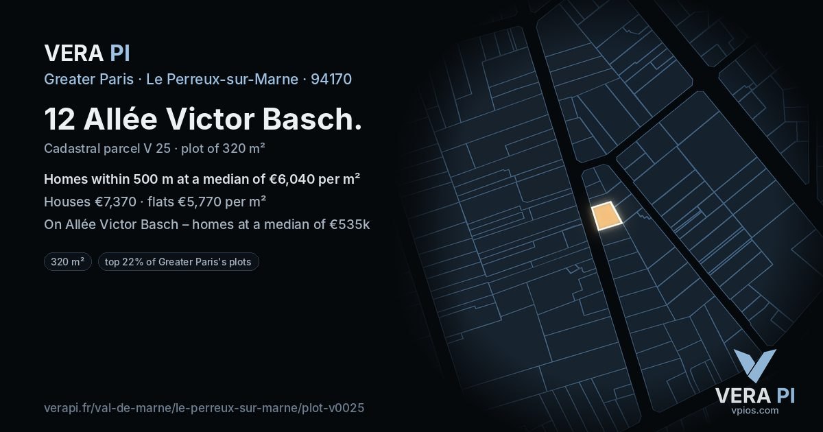 12 Allée Victor Basch, Le Perreux-sur-Marne at night – the plot lit, the parcels around coloured by the prices near them