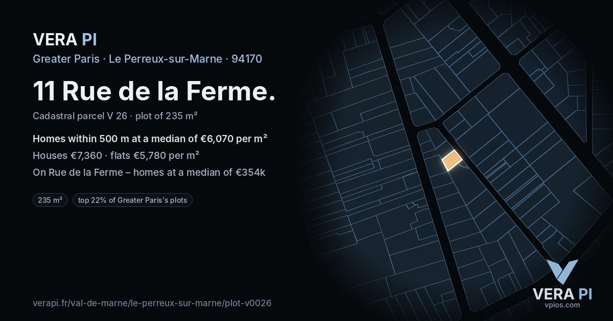 11 Rue de la Ferme, Le Perreux-sur-Marne at night – the plot lit, the parcels around coloured by the prices near them