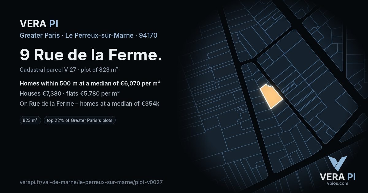 9 Rue de la Ferme, Le Perreux-sur-Marne at night – the plot lit, the parcels around coloured by the prices near them