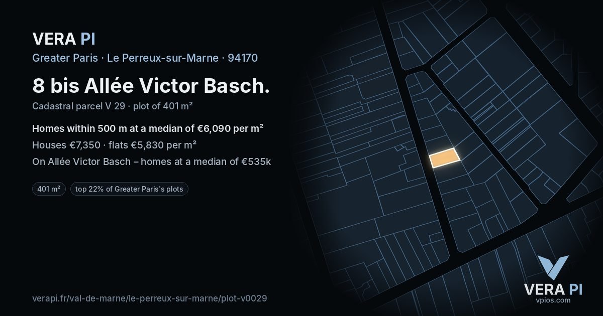 8 bis Allée Victor Basch, Le Perreux-sur-Marne at night – the plot lit, the parcels around coloured by the prices near them