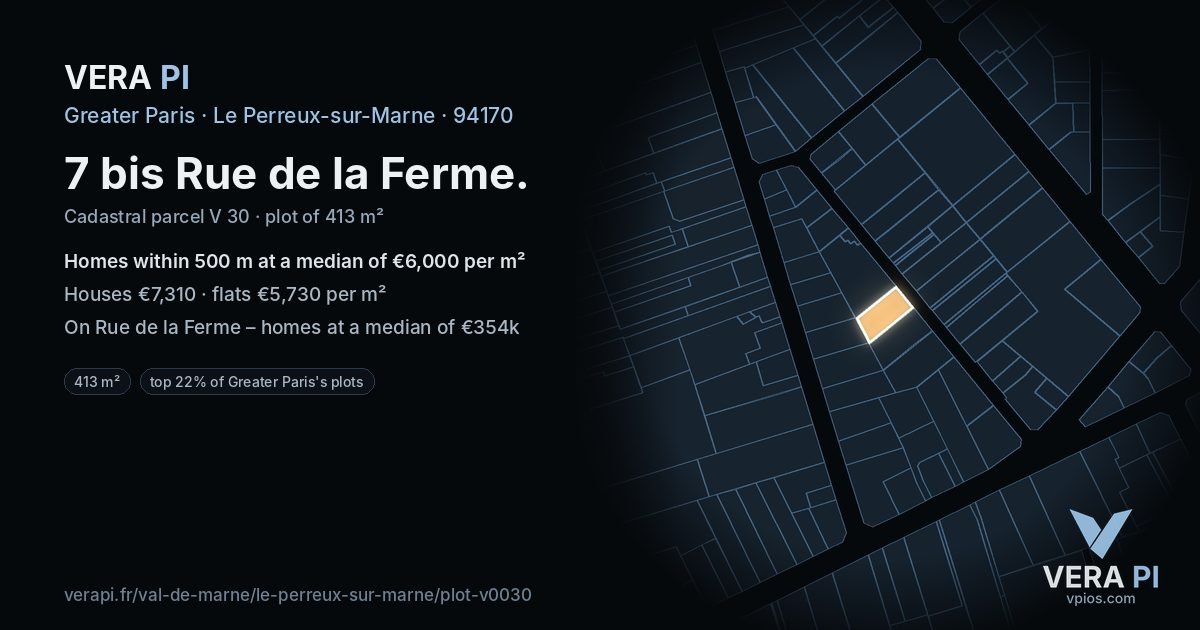 7 bis Rue de la Ferme, Le Perreux-sur-Marne at night – the plot lit, the parcels around coloured by the prices near them