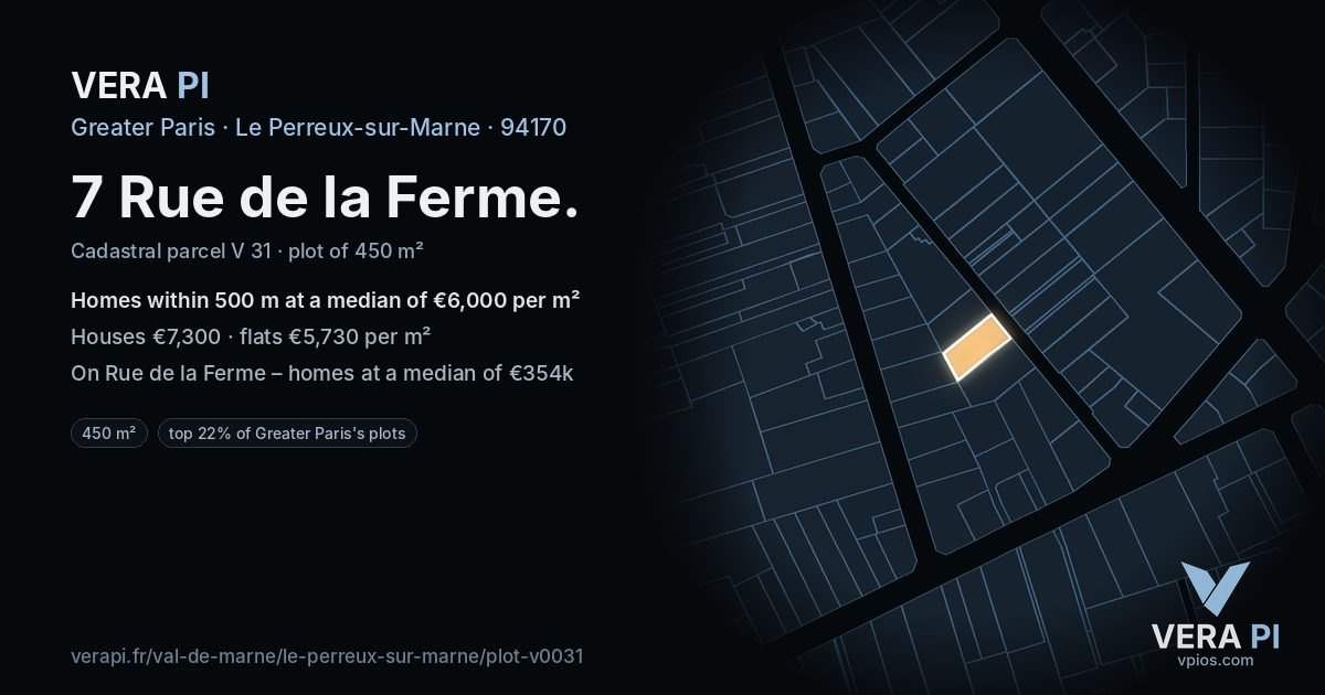 7 Rue de la Ferme, Le Perreux-sur-Marne at night – the plot lit, the parcels around coloured by the prices near them