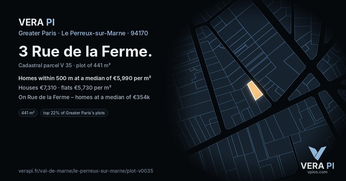 3 Rue de la Ferme, Le Perreux-sur-Marne at night – the plot lit, the parcels around coloured by the prices near them